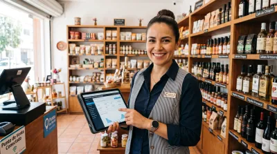 Mujer usando punto de venta en tablet.
